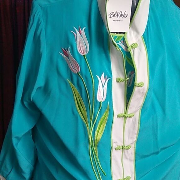Bob Mackie Wear Art Silk Blouse and Tank Top Set 2X Mandarin Collar Tulip Print - Picture 5 of 10